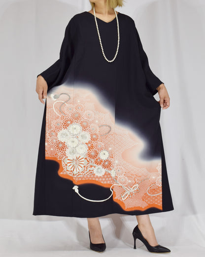 Elegant Kimono Dress, Flower Cart and Floral Motifs, Upcycled Tomesode Fabric