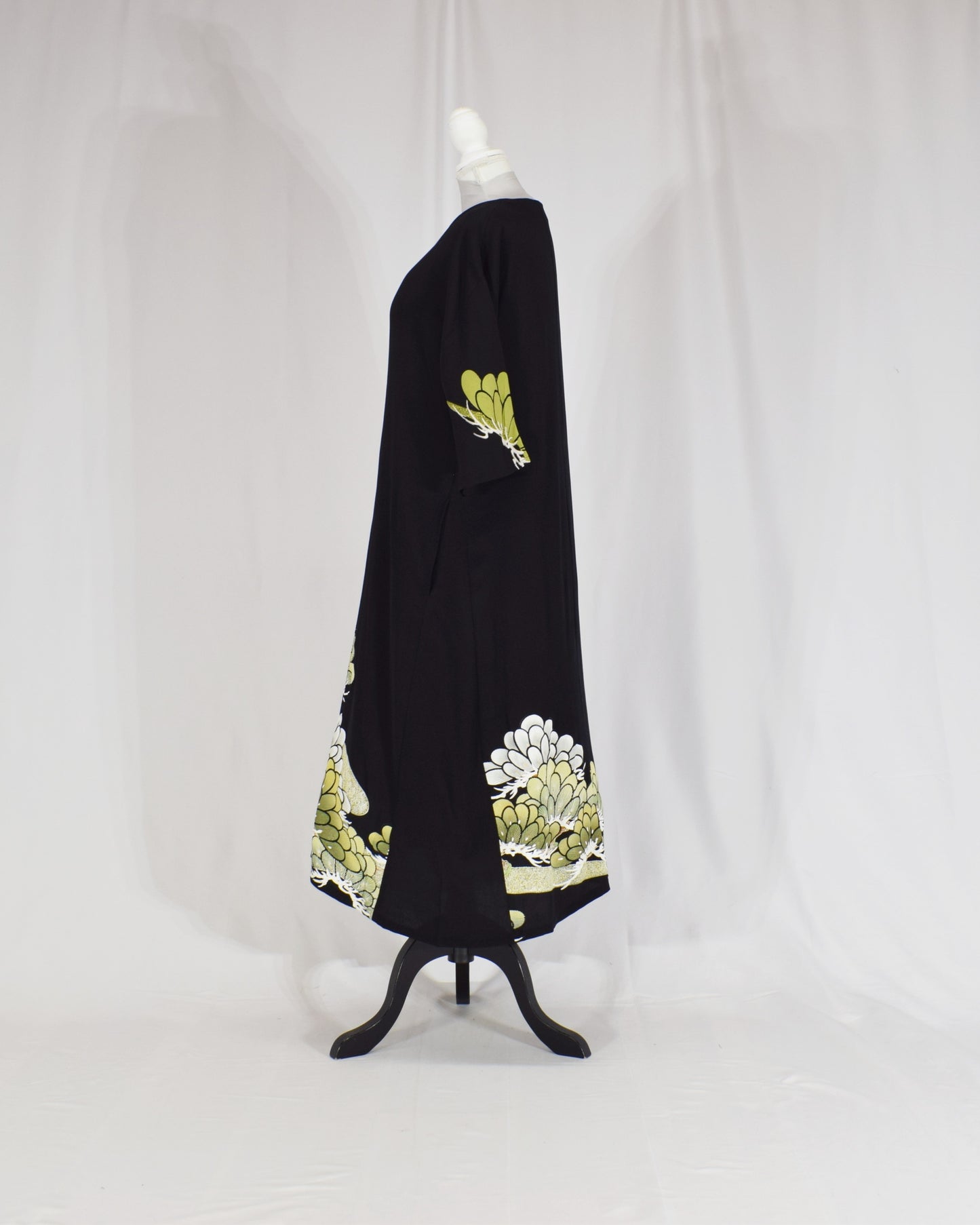 Elegant Kimono Dress, Chrysanthemum Motif, Upcycled Tomesode Fabric