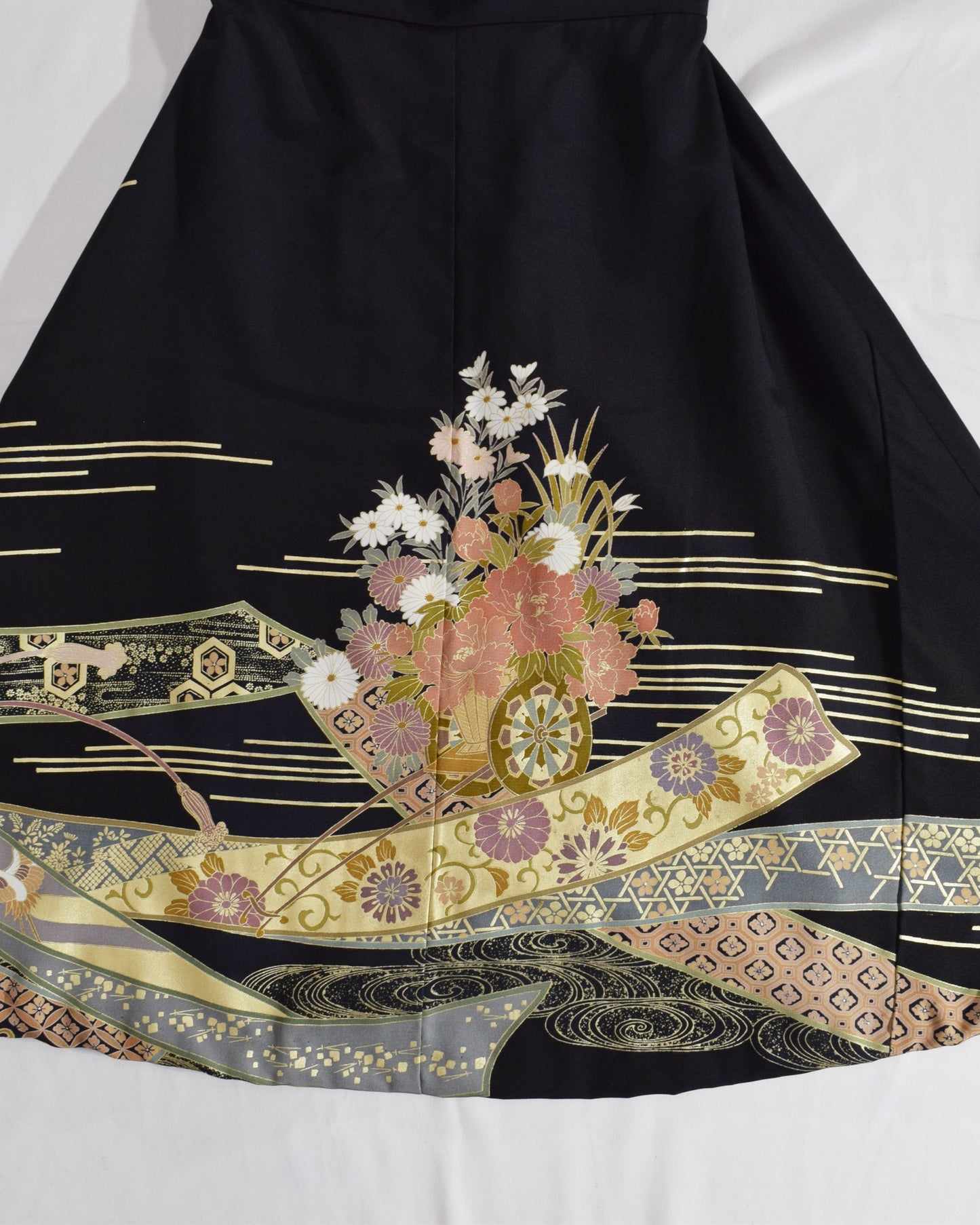 Sleeveless Dress — Black Upcycled Kimono Fabric with Floral Bouquet and Flowing Water Motif