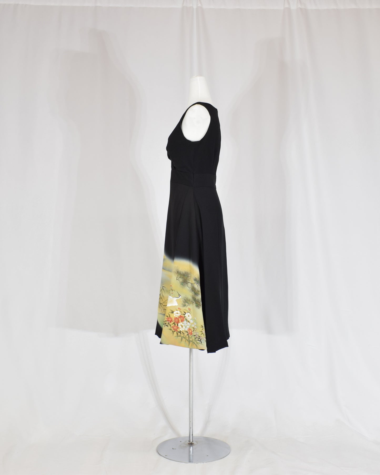 Sleeveless Dress — Black Upcycled Kimono Fabric with Waterside Botanical Motif