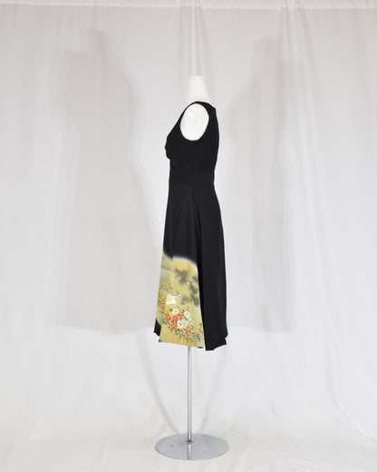 Sleeveless Dress — Black Upcycled Kimono Fabric with Waterside Botanical Motif