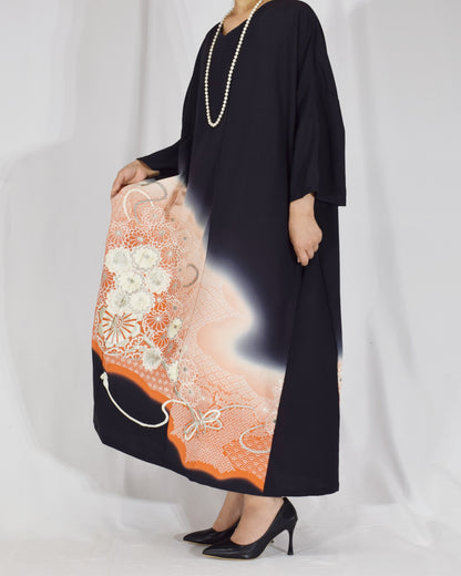 Elegant Kimono Dress, Flower Cart and Floral Motifs, Upcycled Tomesode Fabric