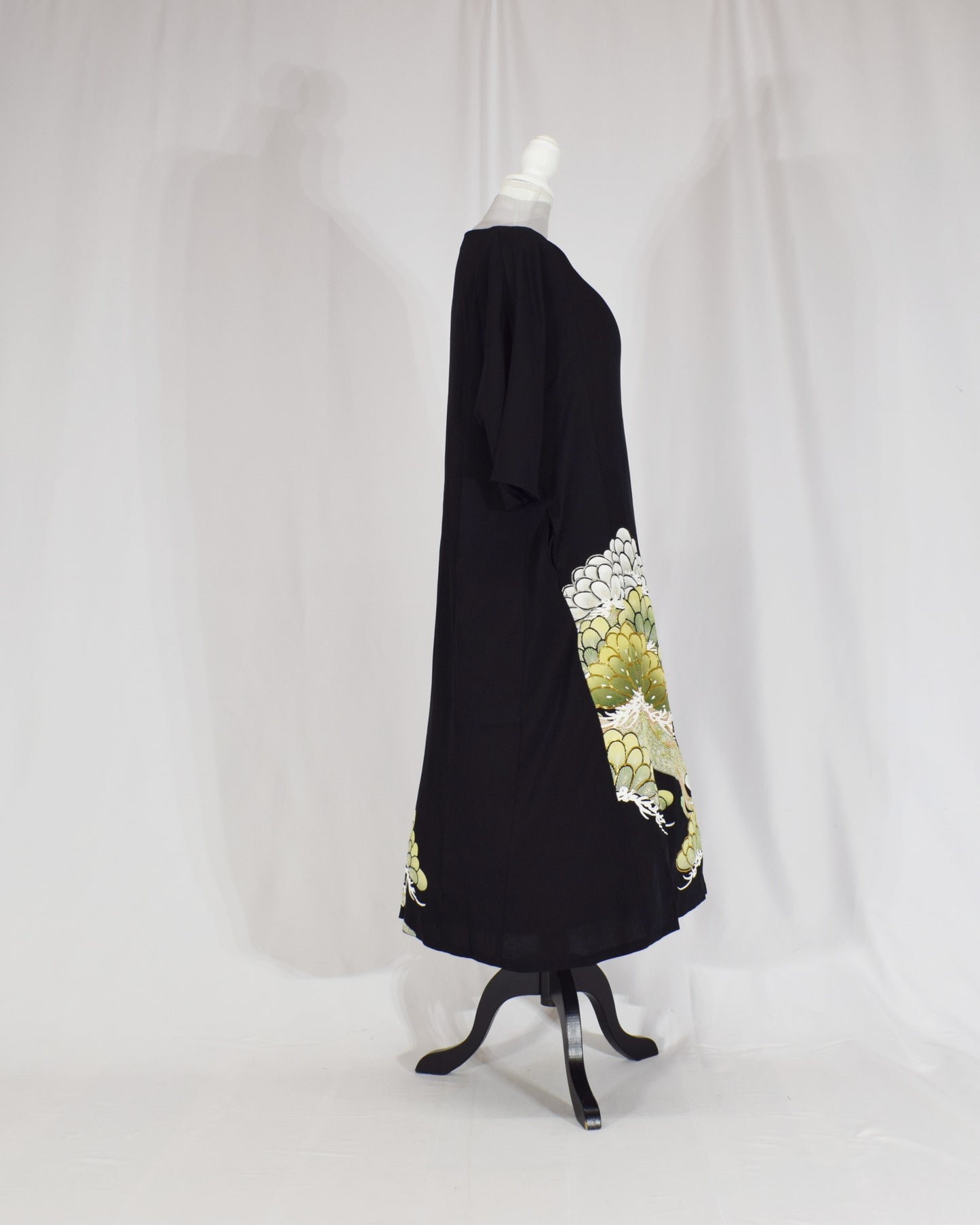 Elegant Kimono Dress, Chrysanthemum Motif, Upcycled Tomesode Fabric