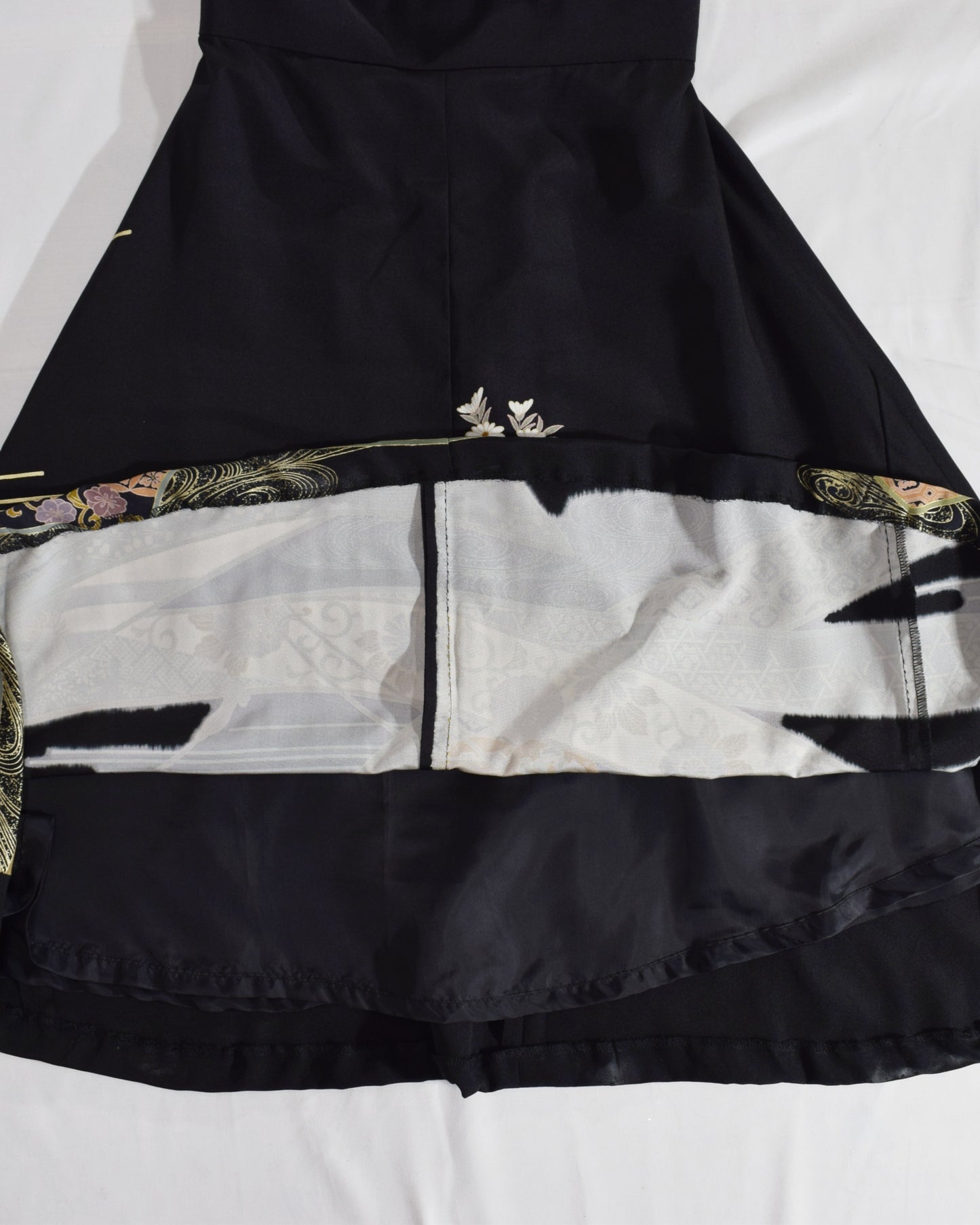 Sleeveless Dress — Black Upcycled Kimono Fabric with Floral Bouquet and Flowing Water Motif
