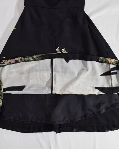 Sleeveless Dress — Black Upcycled Kimono Fabric with Floral Bouquet and Flowing Water Motif