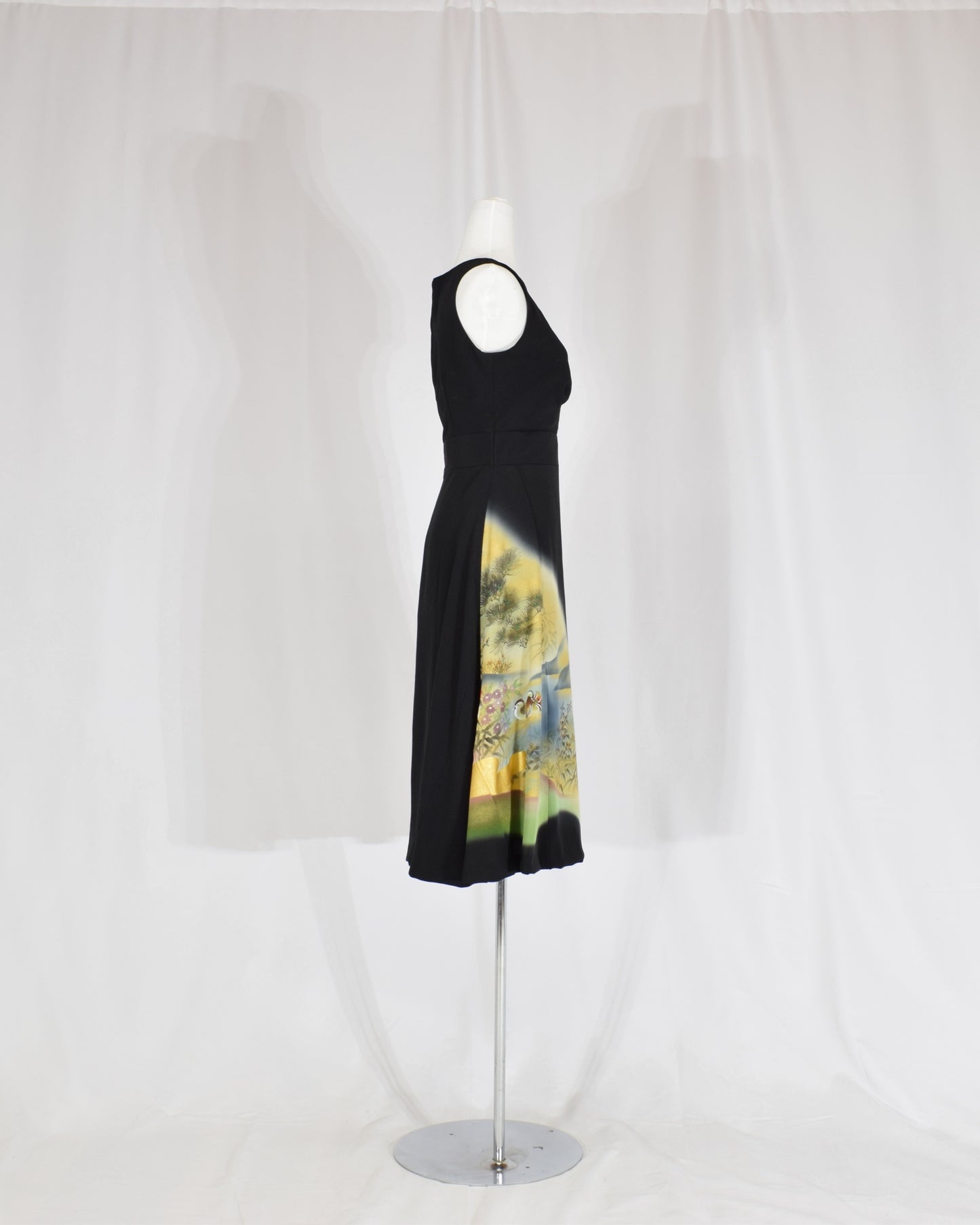 Sleeveless Dress — Black Upcycled Kimono Fabric with Waterside Botanical Motif