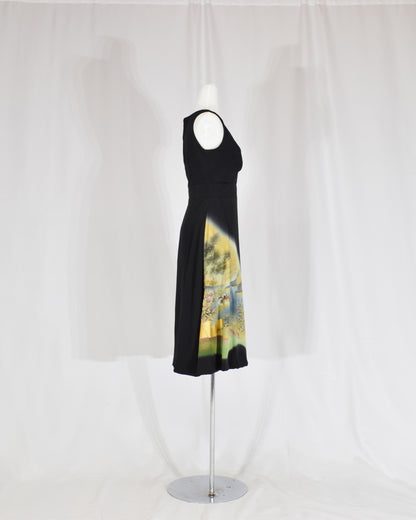 Sleeveless Dress — Black Upcycled Kimono Fabric with Waterside Botanical Motif