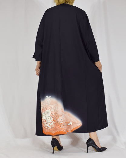 Elegant Kimono Dress, Flower Cart and Floral Motifs, Upcycled Tomesode Fabric
