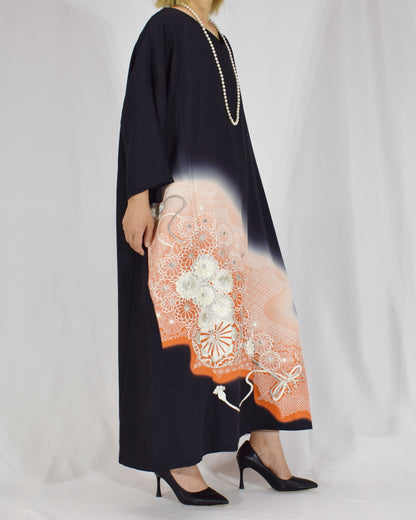 Elegant Kimono Dress, Flower Cart and Floral Motifs, Upcycled Tomesode Fabric