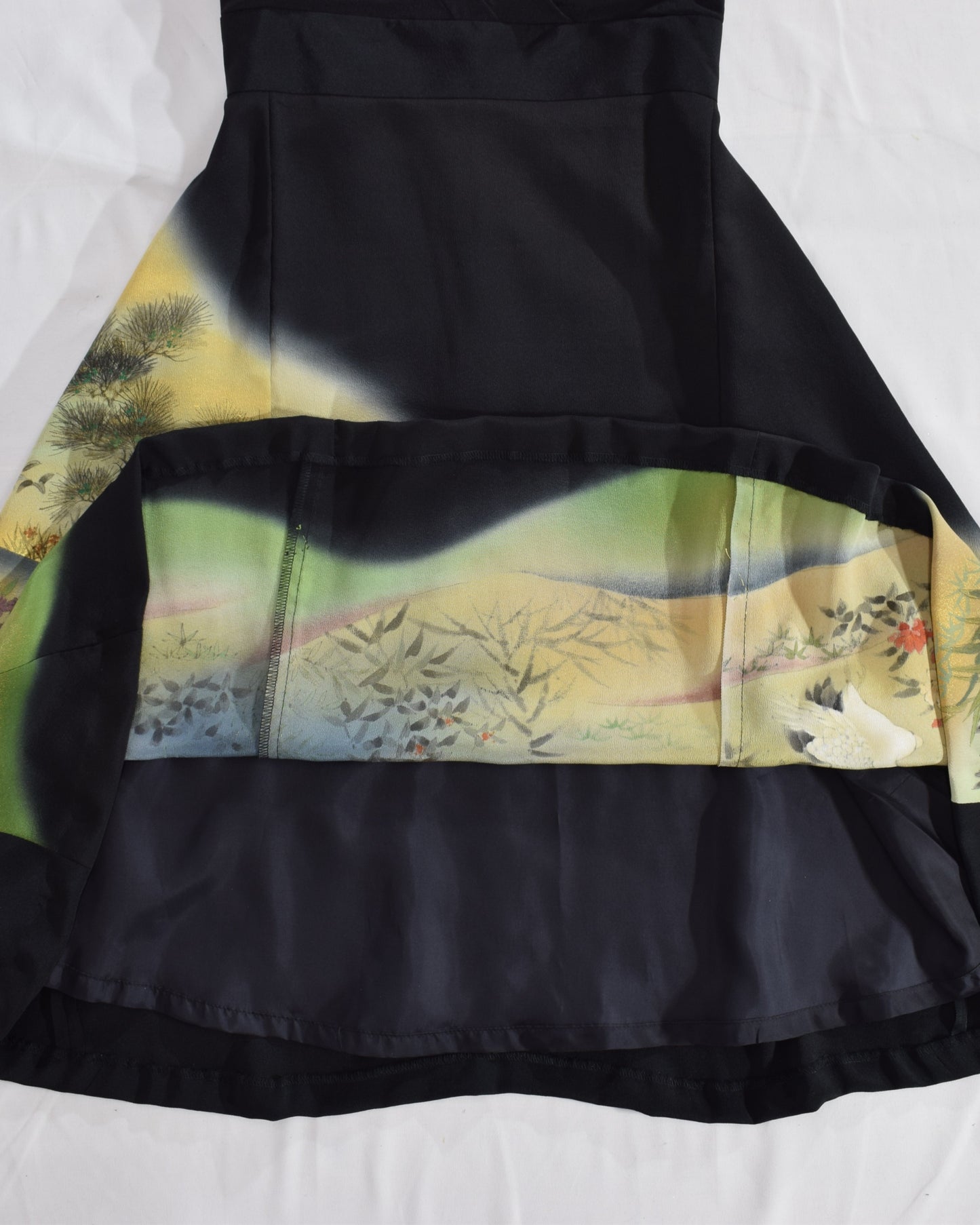 Sleeveless Dress — Black Upcycled Kimono Fabric with Waterside Botanical Motif