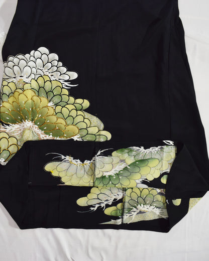 Elegant Kimono Dress, Chrysanthemum Motif, Upcycled Tomesode Fabric