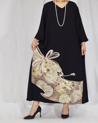 Elegant Kimono Dress, Decorative Cord and Floral Motifs, Upcycled Tomesode Fabric