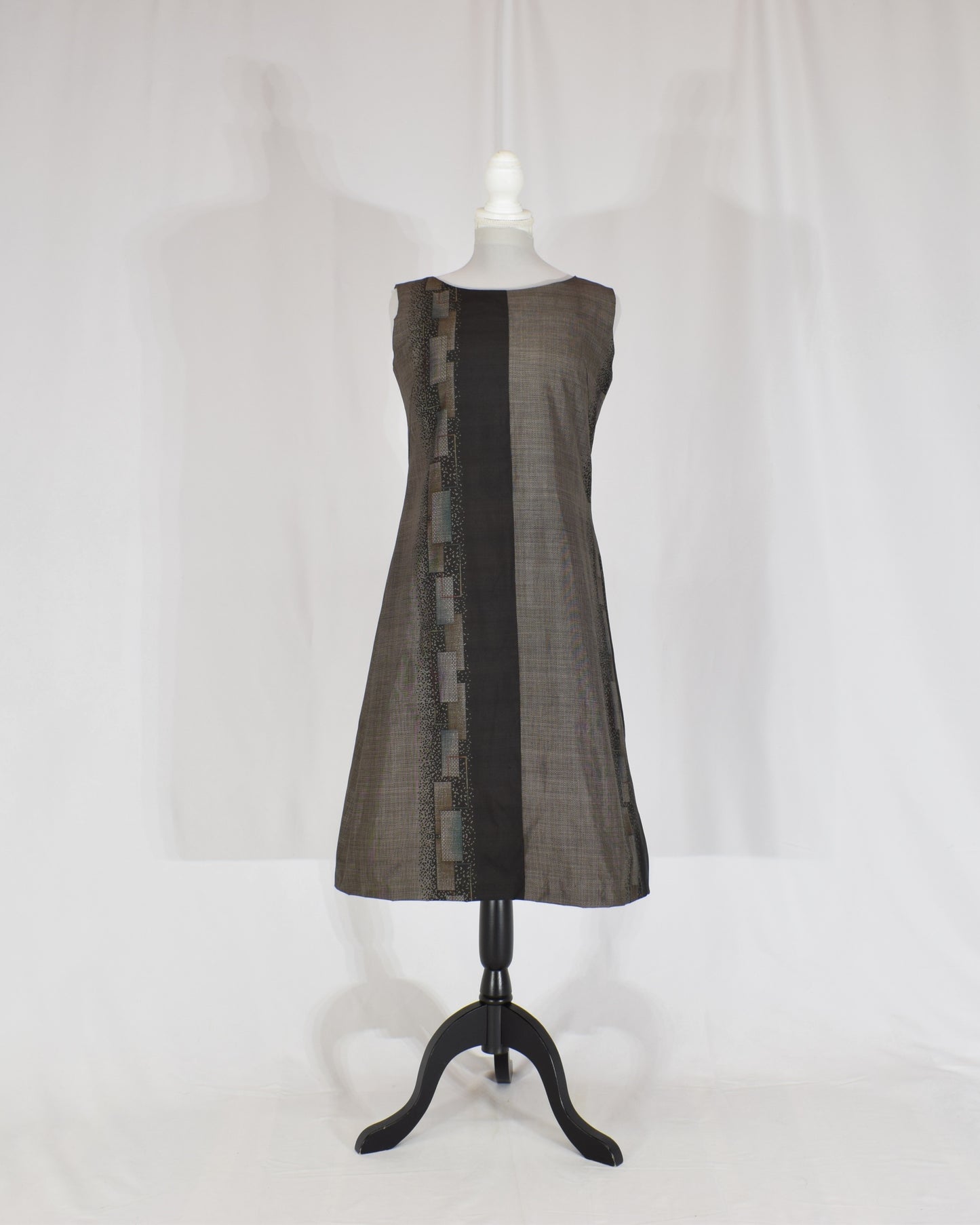 A-Line Sleeveless Dress, Gray Brown Geometric Motif, Upcycled Kimono Fabric