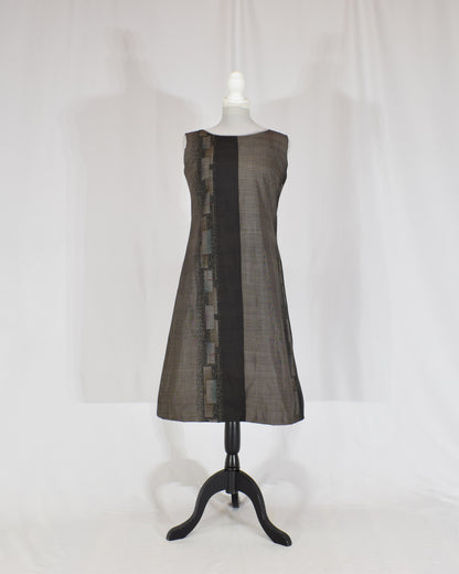 A-Line Sleeveless Dress, Gray Brown Geometric Motif, Upcycled Kimono Fabric