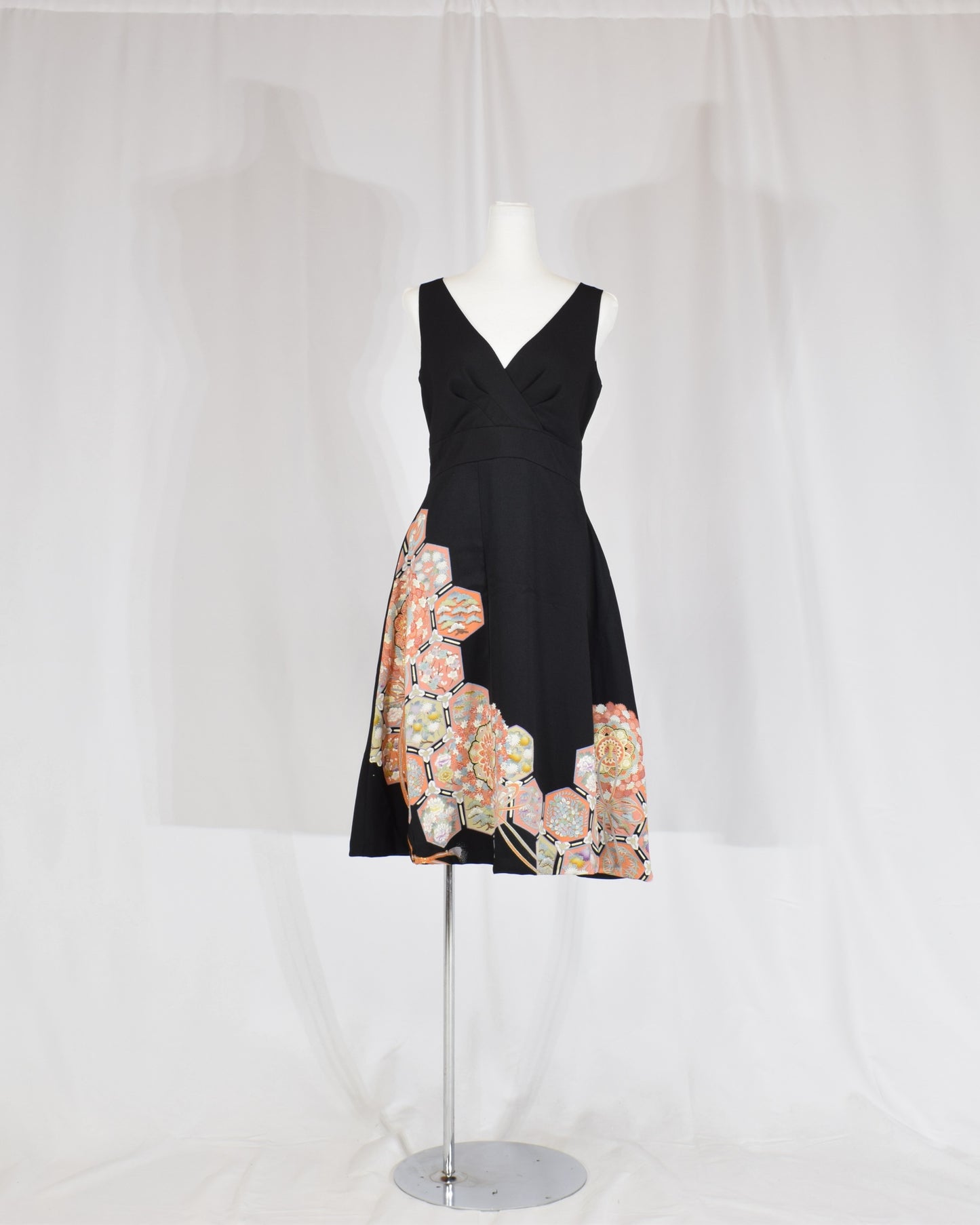 Sleeveless Dress — Black Upcycled Kimono Fabric with Floral and Geometric Motif