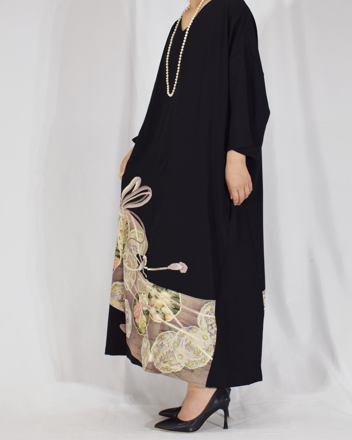 Elegant Kimono Dress, Decorative Cord and Floral Motifs, Upcycled Tomesode Fabric