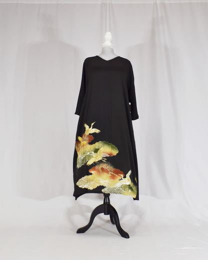 Elegant Kimono Dress, Crane, Pine and Wave Motif, Upcycled Tomesode Fabric