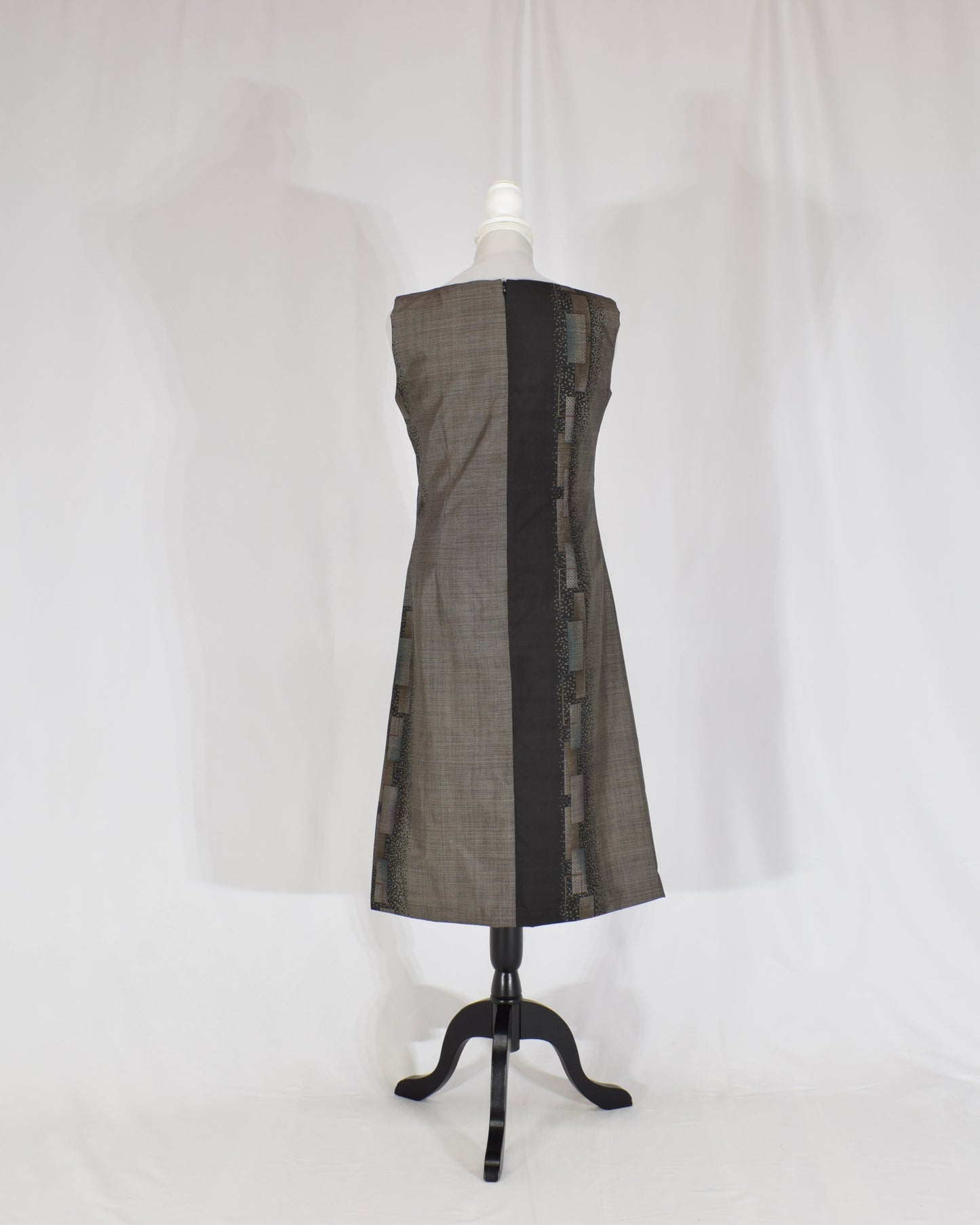 A-Line Sleeveless Dress, Gray Brown Geometric Motif, Upcycled Kimono Fabric