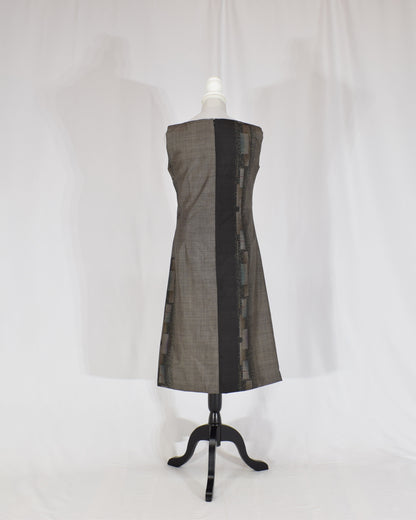 A-Line Sleeveless Dress, Gray Brown Geometric Motif, Upcycled Kimono Fabric