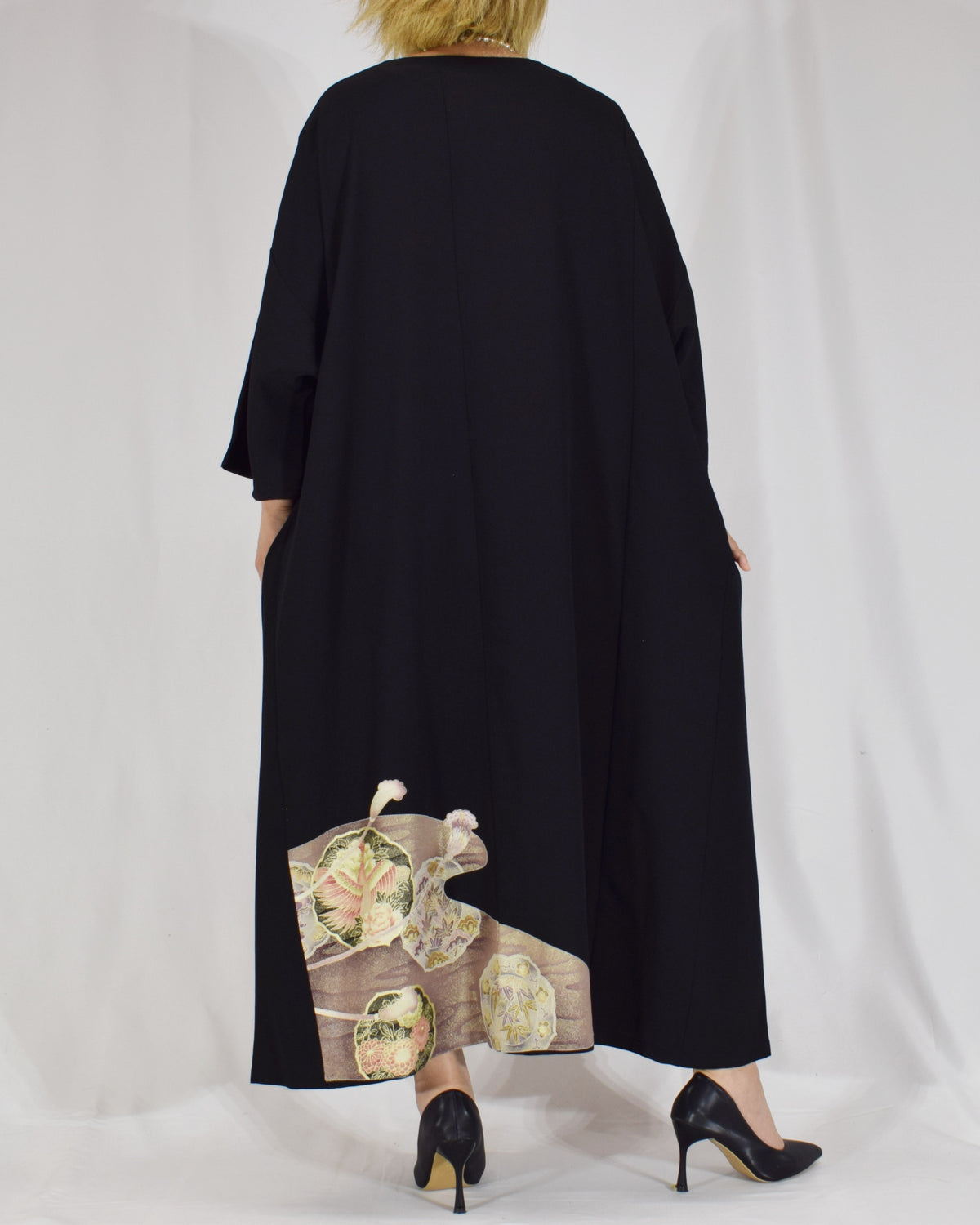 Elegant Kimono Dress, Decorative Cord and Floral Motifs, Upcycled Tomesode Fabric