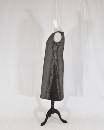 A-Line Sleeveless Dress, Gray Brown Geometric Motif, Upcycled Kimono Fabric