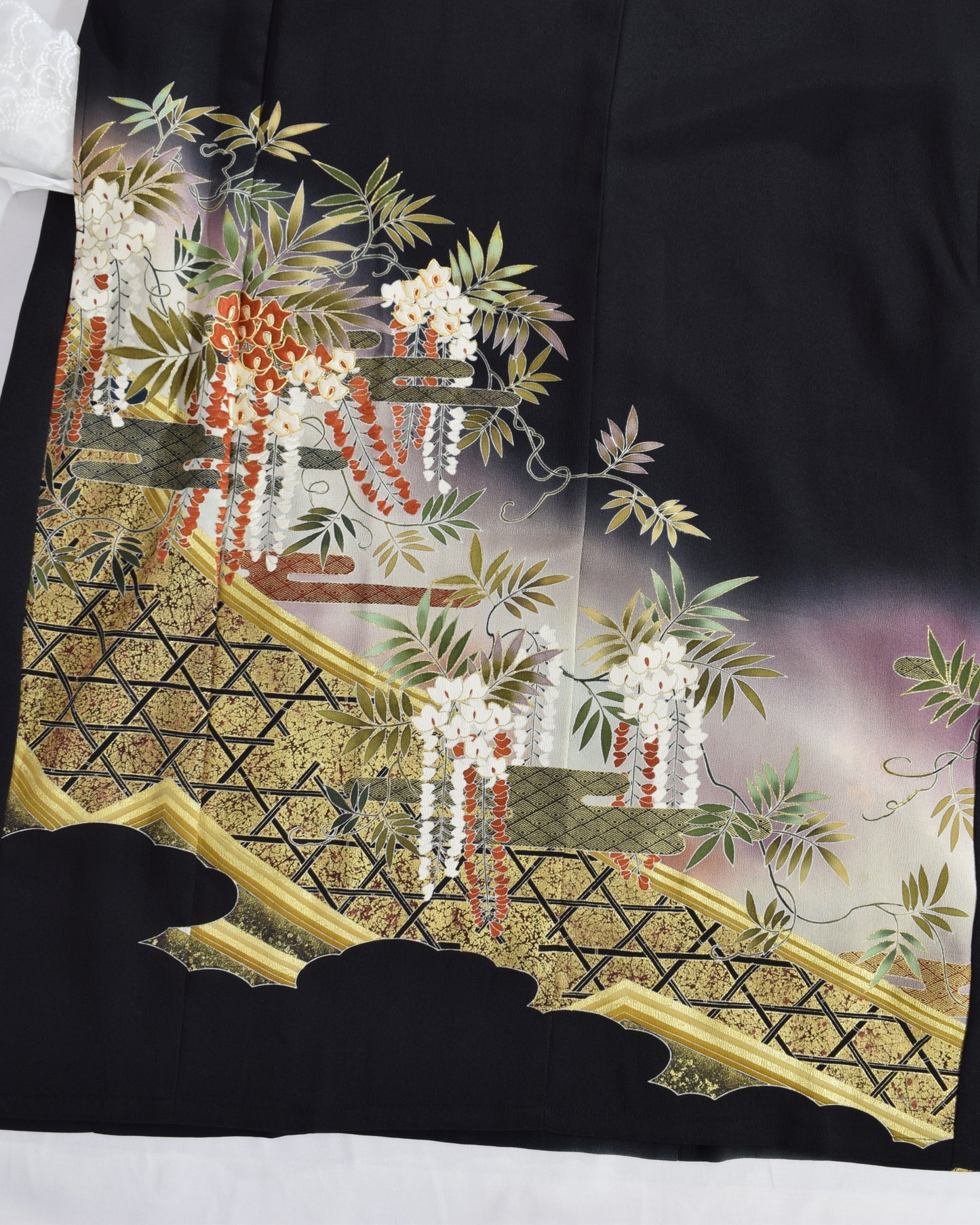 竹垣草花文様 留袖ワンピース 黒留袖リメイク 一点物