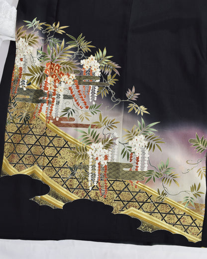 竹垣草花文様 留袖ワンピース 黒留袖リメイク 一点物