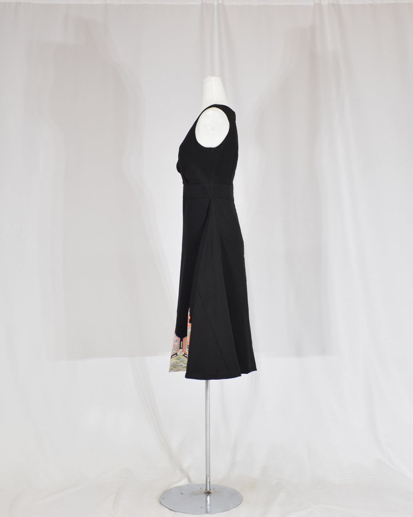 Sleeveless Dress — Black Upcycled Kimono Fabric with Floral and Geometric Motif