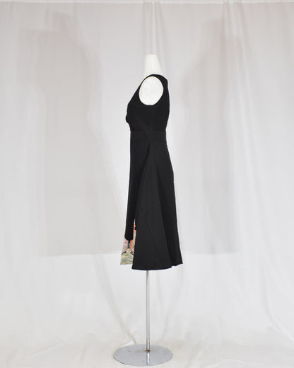 Sleeveless Dress — Black Upcycled Kimono Fabric with Floral and Geometric Motif