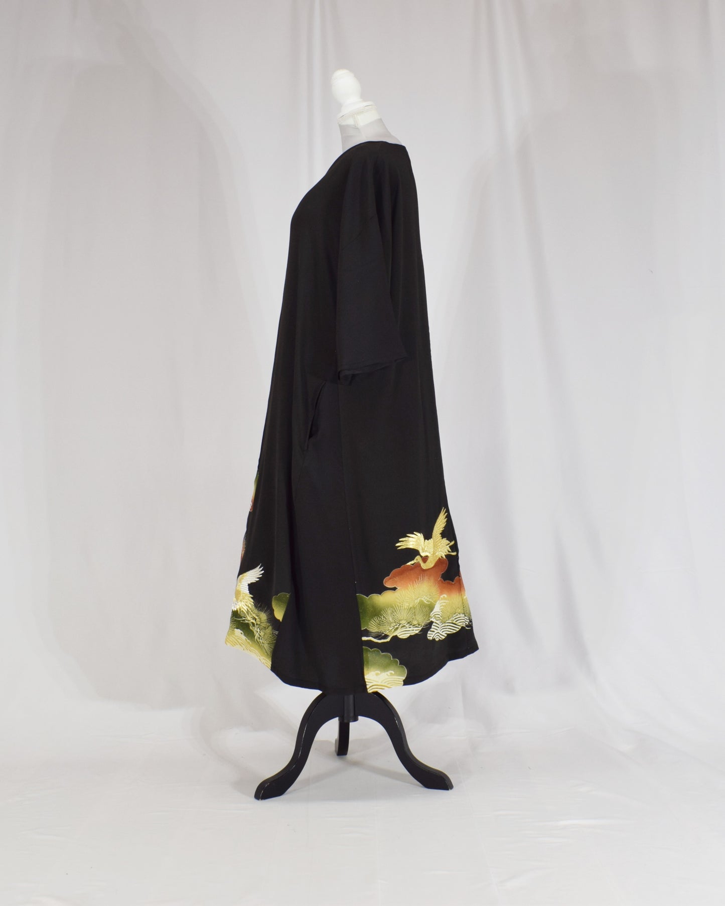 Elegant Kimono Dress, Crane, Pine and Wave Motif, Upcycled Tomesode Fabric