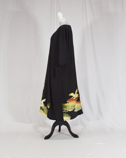 Elegant Kimono Dress, Crane, Pine and Wave Motif, Upcycled Tomesode Fabric