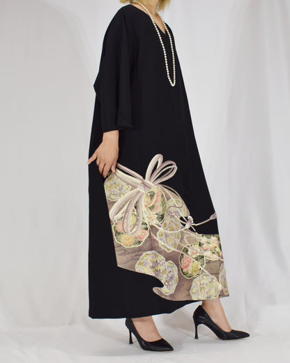 Elegant Kimono Dress, Decorative Cord and Floral Motifs, Upcycled Tomesode Fabric