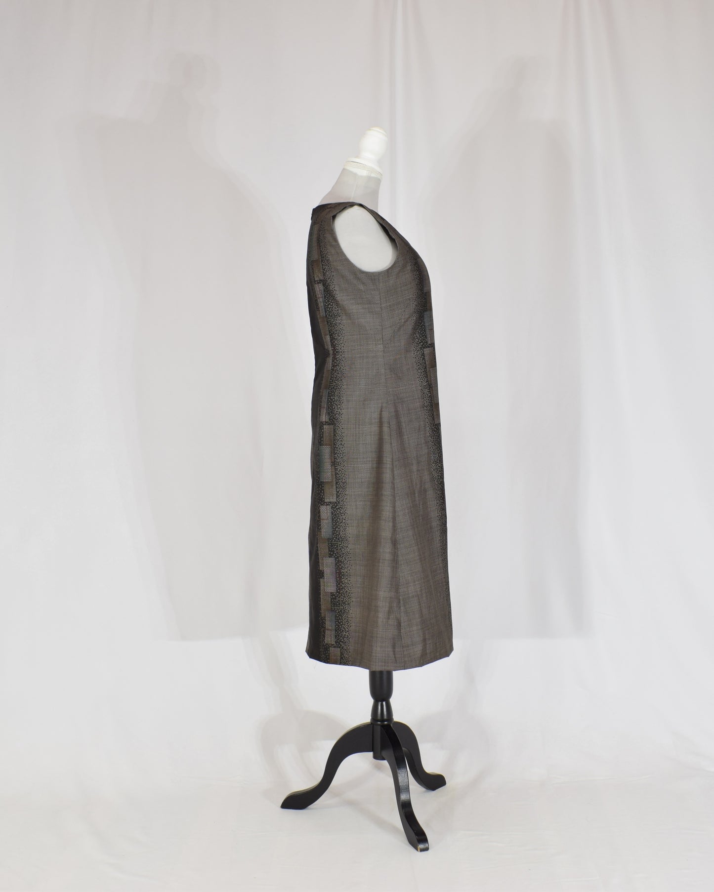 A-Line Sleeveless Dress, Gray Brown Geometric Motif, Upcycled Kimono Fabric