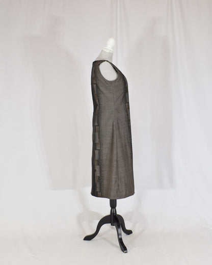A-Line Sleeveless Dress, Gray Brown Geometric Motif, Upcycled Kimono Fabric