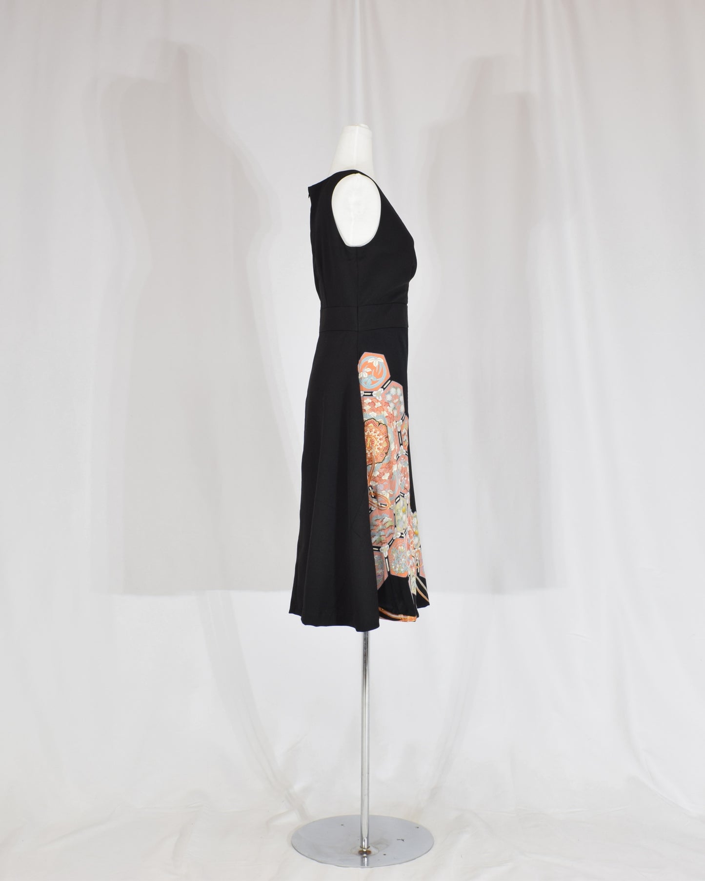 Sleeveless Dress — Black Upcycled Kimono Fabric with Floral and Geometric Motif