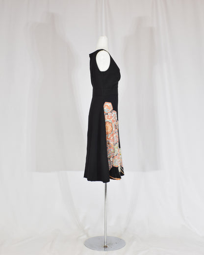 Sleeveless Dress — Black Upcycled Kimono Fabric with Floral and Geometric Motif