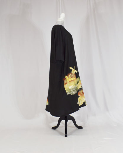Elegant Kimono Dress, Crane, Pine and Wave Motif, Upcycled Tomesode Fabric