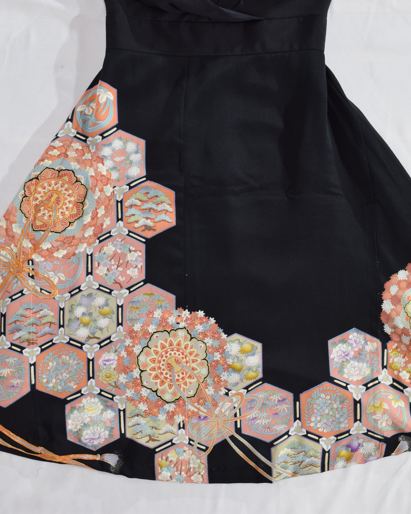 Sleeveless Dress — Black Upcycled Kimono Fabric with Floral and Geometric Motif