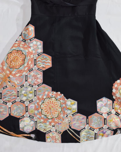 Sleeveless Dress — Black Upcycled Kimono Fabric with Floral and Geometric Motif