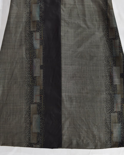 A-Line Sleeveless Dress, Gray Brown Geometric Motif, Upcycled Kimono Fabric