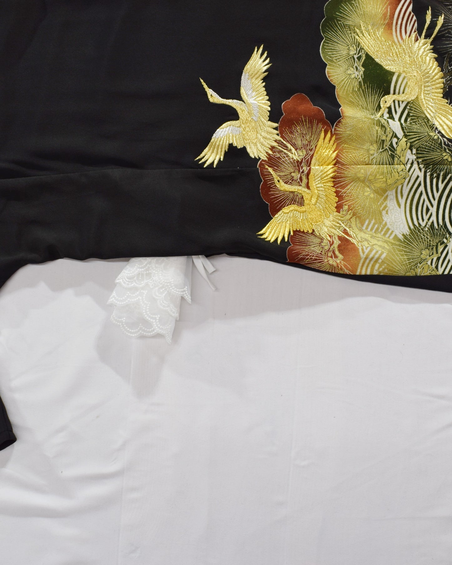 Elegant Kimono Dress, Crane, Pine and Wave Motif, Upcycled Tomesode Fabric