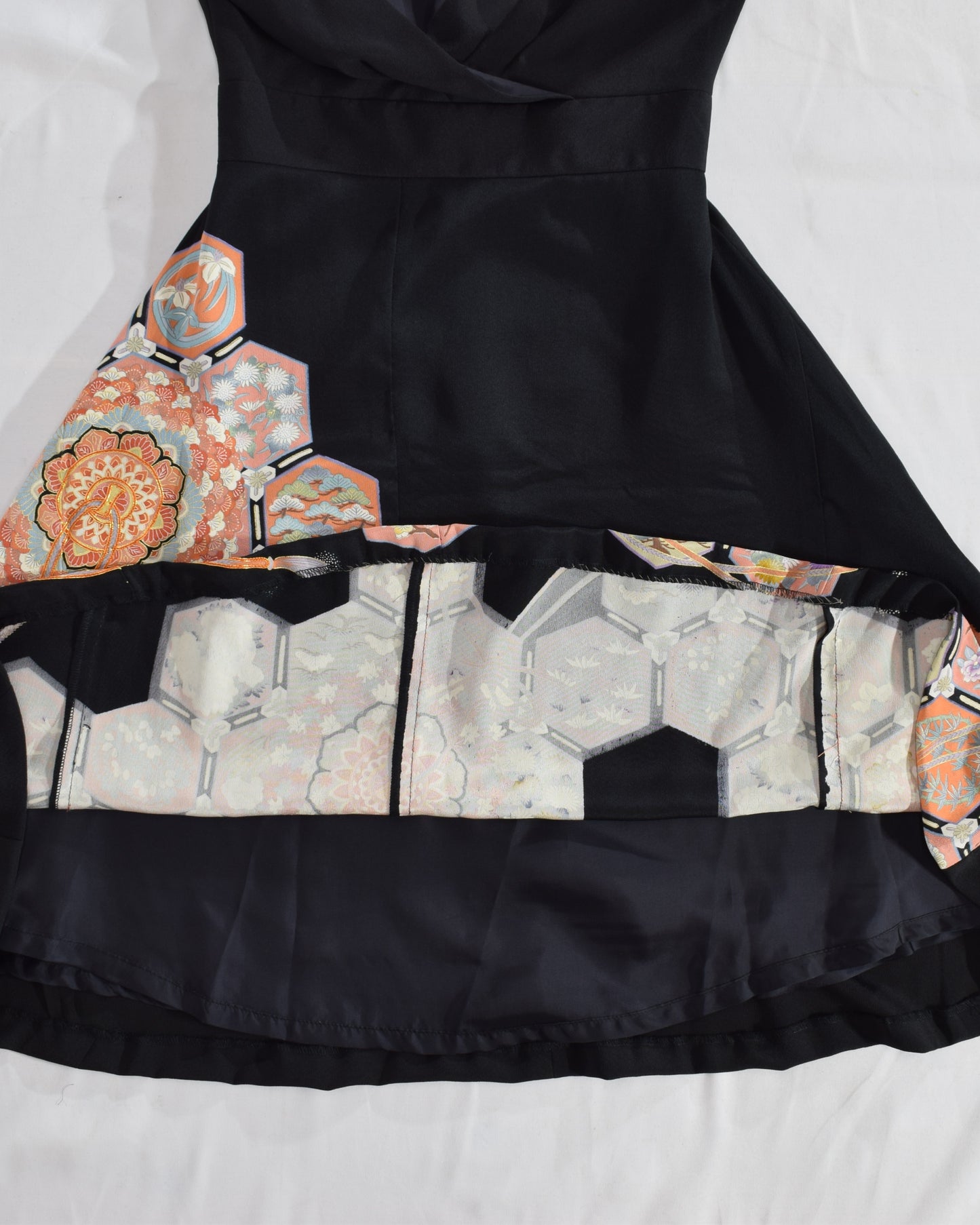 Sleeveless Dress — Black Upcycled Kimono Fabric with Floral and Geometric Motif
