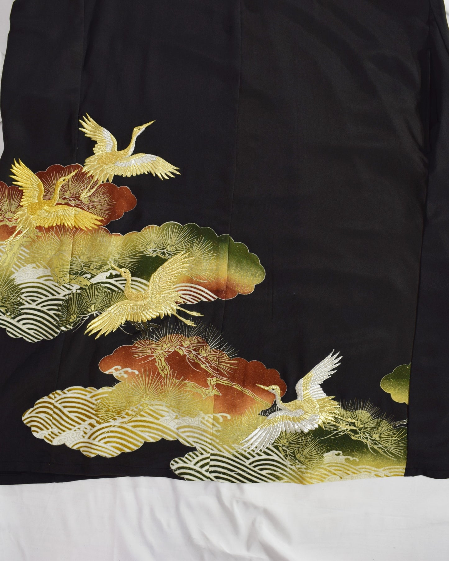 Elegant Kimono Dress, Crane, Pine and Wave Motif, Upcycled Tomesode Fabric