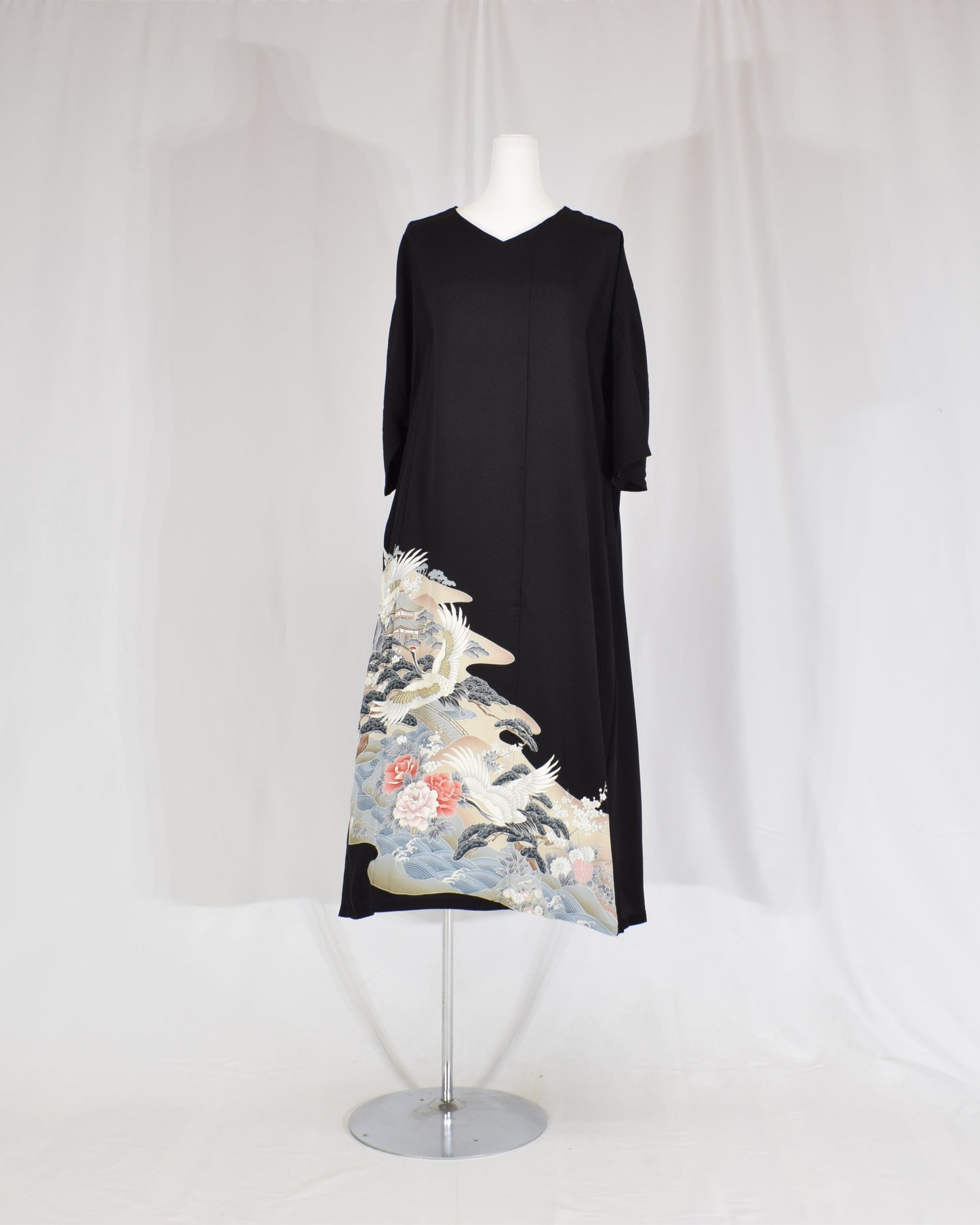 Elegant Kimono Dress, Crane and Wave Floral Motif, Upcycled Tomesode Fabric
