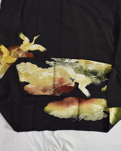Elegant Kimono Dress, Crane, Pine and Wave Motif, Upcycled Tomesode Fabric