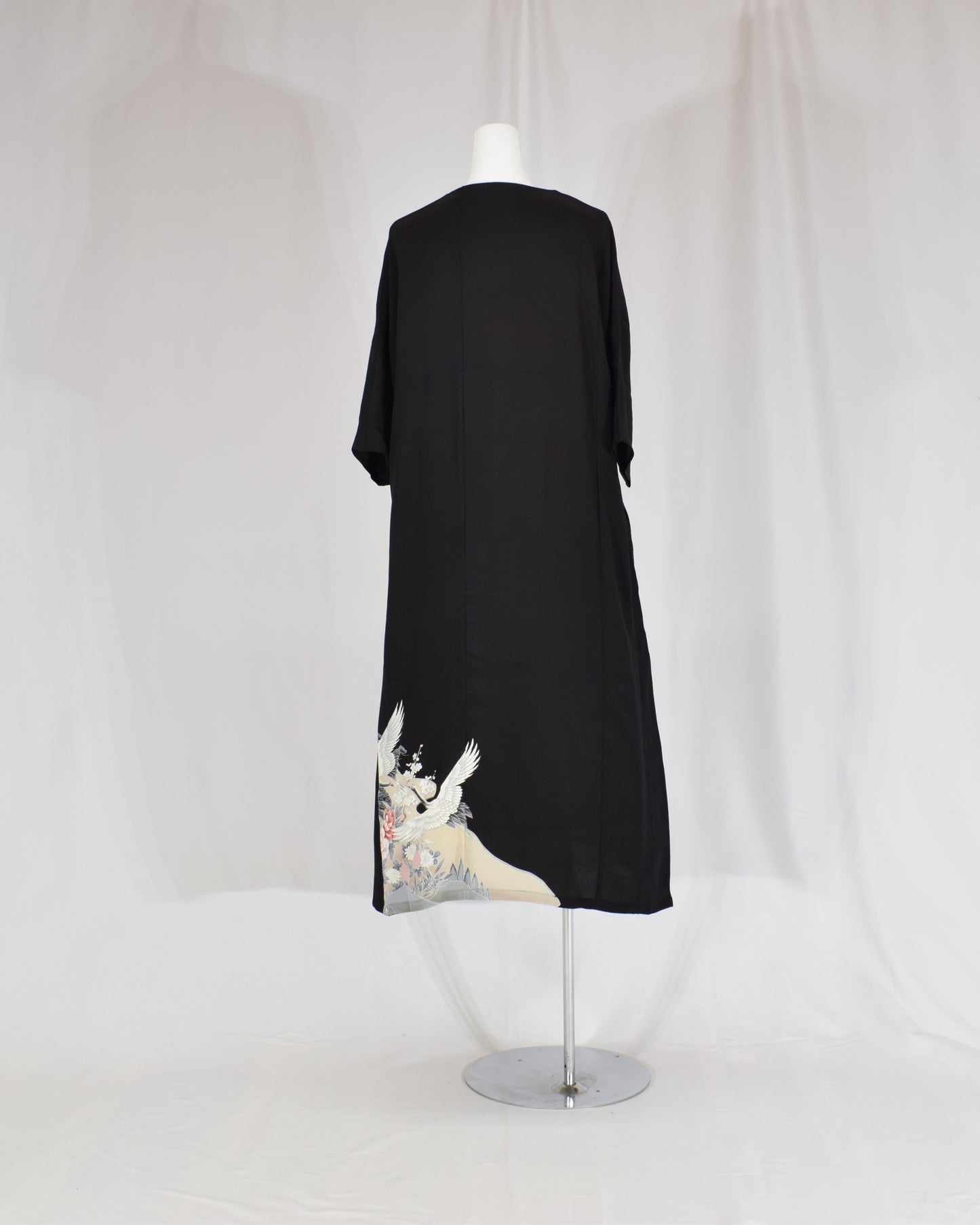Elegant Kimono Dress, Crane and Wave Floral Motif, Upcycled Tomesode Fabric