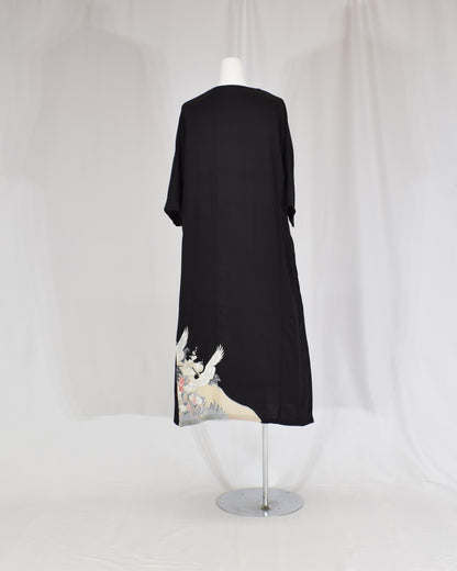 Elegant Kimono Dress, Crane and Wave Floral Motif, Upcycled Tomesode Fabric