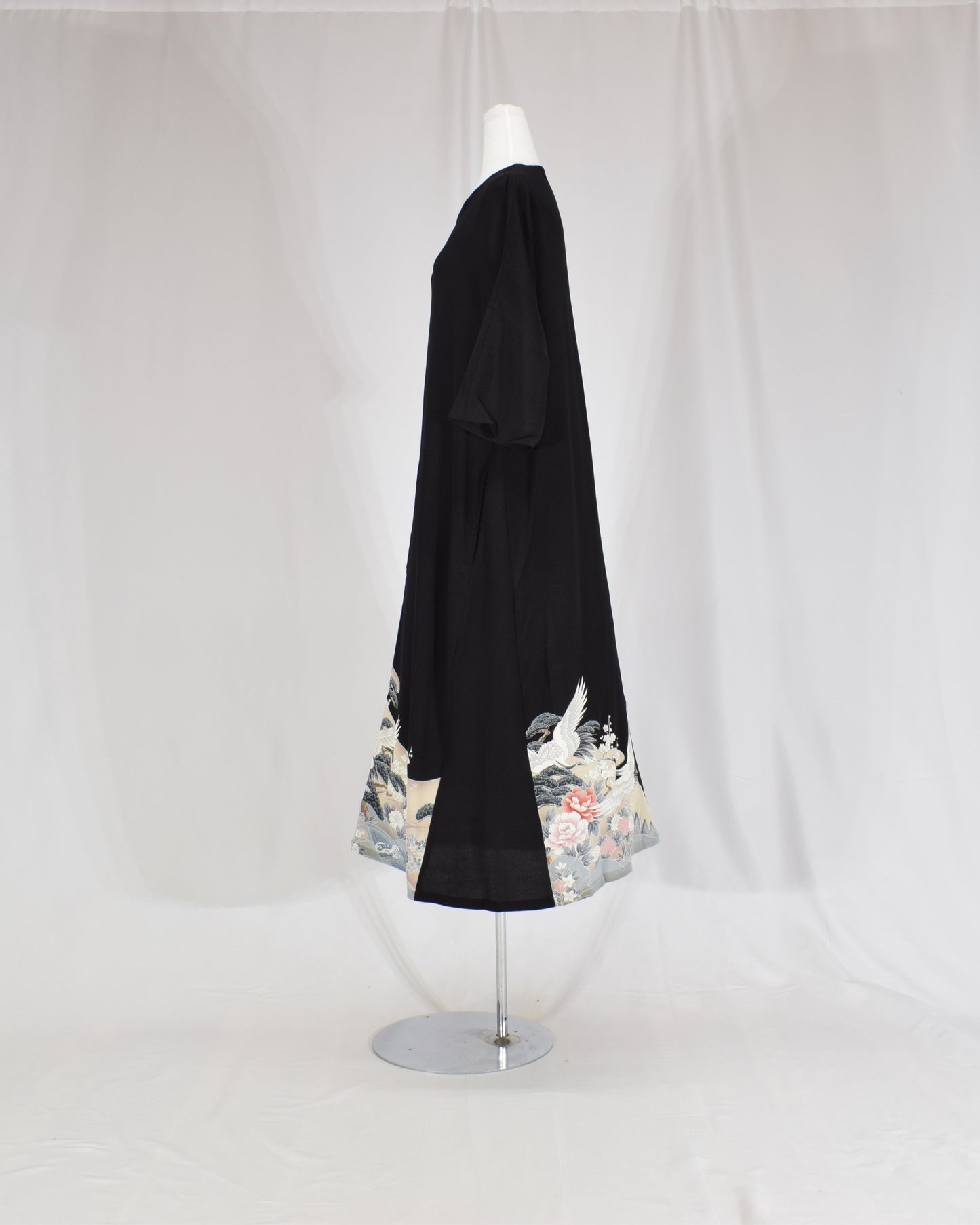 Elegant Kimono Dress, Crane and Wave Floral Motif, Upcycled Tomesode Fabric