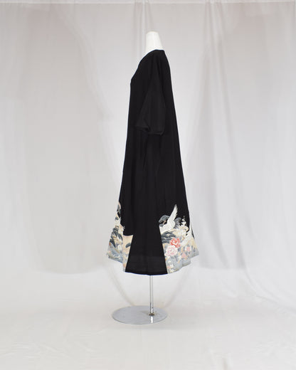 Elegant Kimono Dress, Crane and Wave Floral Motif, Upcycled Tomesode Fabric