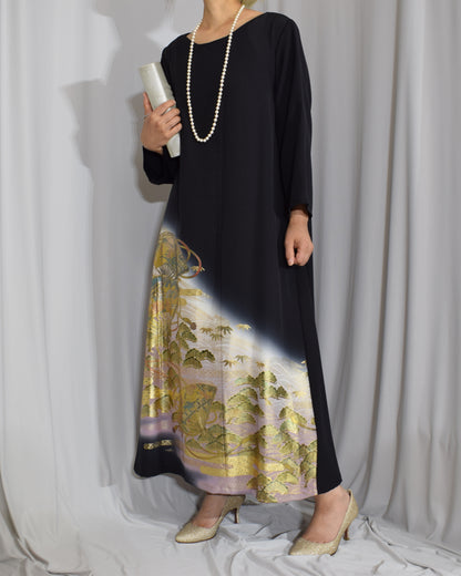 Elegant Kimono Dress, Fan, Pine and Bamboo Motifs, Upcycled Tomesode Fabric